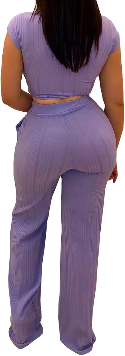 EDITCOZY Women 2 Piece Outfits Sexy Tie Front Crop Top Wide Leg Pants Sets Casual Summer Ribbed Two Piece Set
