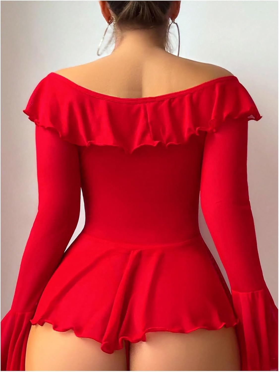 Sexy Lingerie for Women Rave Outfits Clubwear See Through Lingerie Sets Bell Sleeve Ruffle Mesh Tops