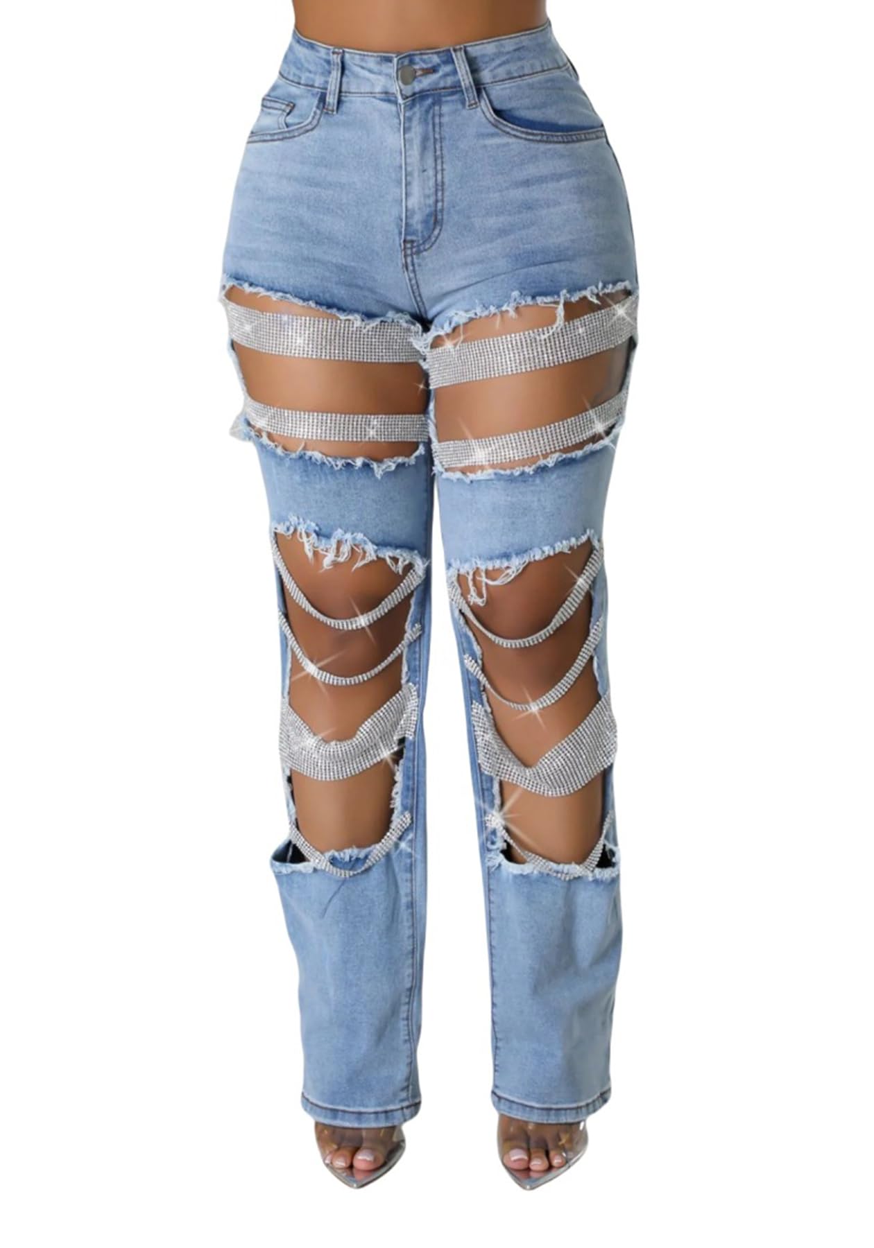 Womens Sexy Ripped Jeans High Waisted Rhinestones Pearl Chains Distressed Baggy Jeans Party Clubwear Denim Pants