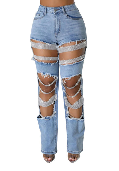 Womens Sexy Ripped Jeans High Waisted Rhinestones Pearl Chains Distressed Baggy Jeans Party Clubwear Denim Pants