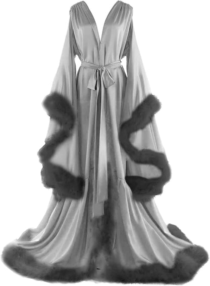 Women's Feather Bridal Robes Old Hollywood Maternity Photoshoot Nightgown Silk Bathrobe Long Lingerie