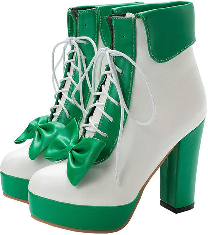 Parisuit Womens Dress Kawaii Boots Chunky High Heel Platform Ankle Booties Lace Up Sweet Bow Shoes