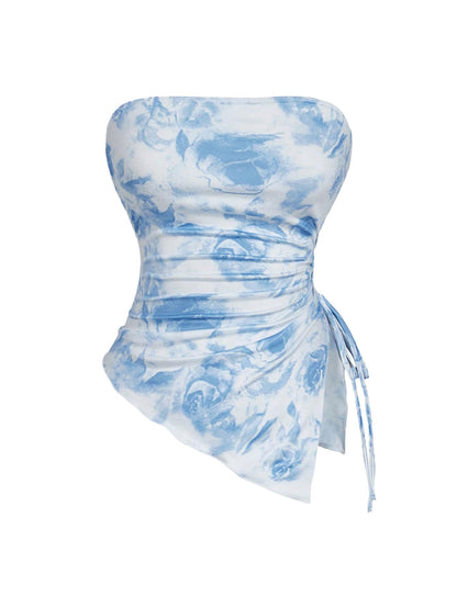 WDIRARA Women's Floral Mesh Strapless Side Ruched Tube Top Asymmetrical Hem Bandeau Crop Tops