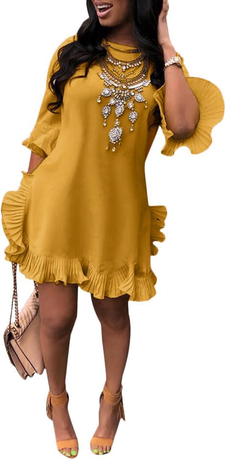 LKOUS Women Short Sleeve Round Neck Ruffles Hem Loose Midi Dresses Casual Short Dress