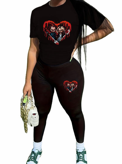 TOPONSKY Women Two Piece Workout Outfits Biker Short-Sleeve Long-Pant Sets