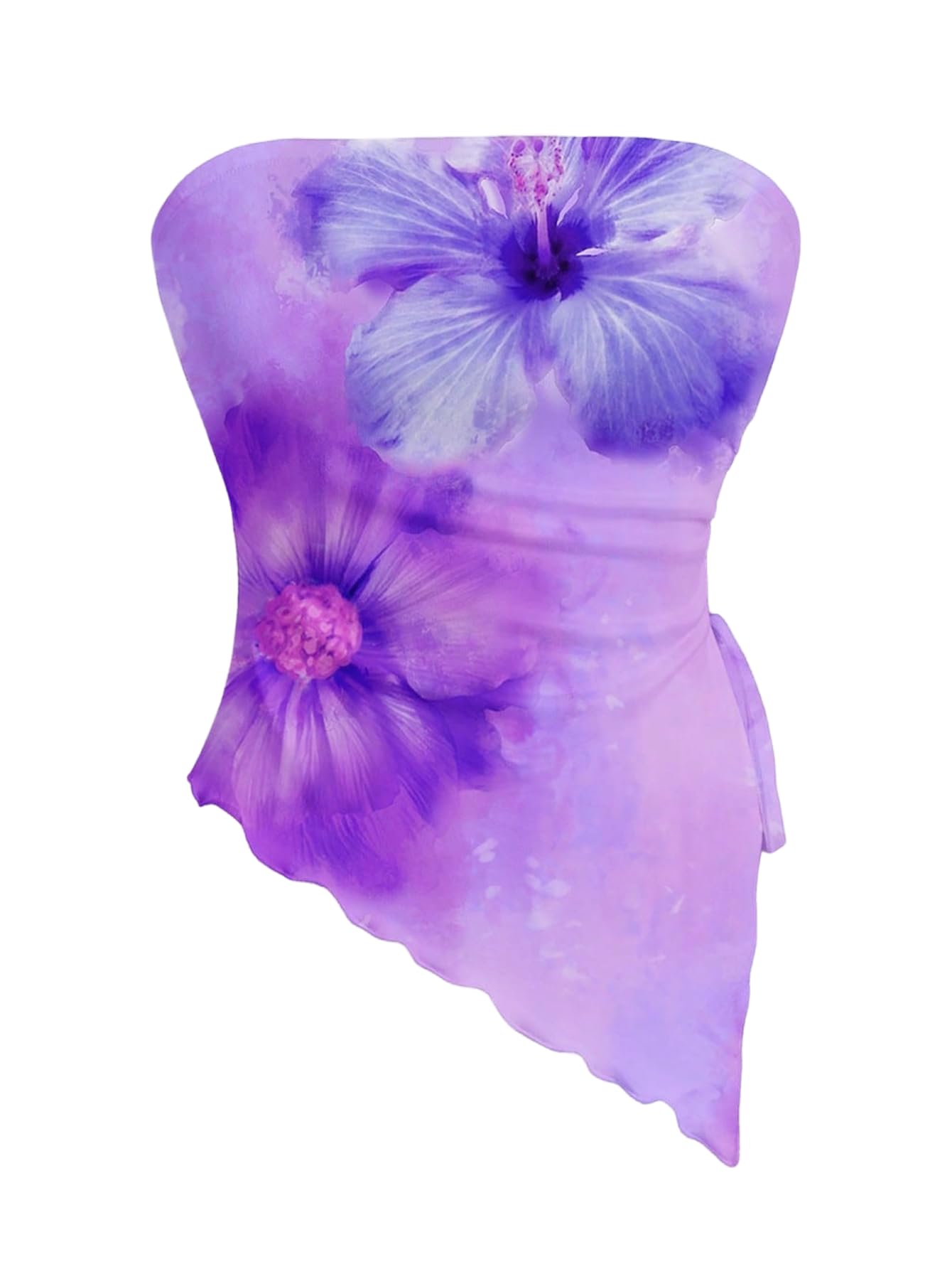 WDIRARA Women's Floral Mesh Strapless Side Ruched Tube Top Asymmetrical Hem Bandeau Crop Tops