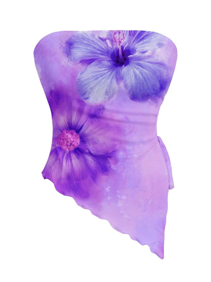 WDIRARA Women's Floral Mesh Strapless Side Ruched Tube Top Asymmetrical Hem Bandeau Crop Tops