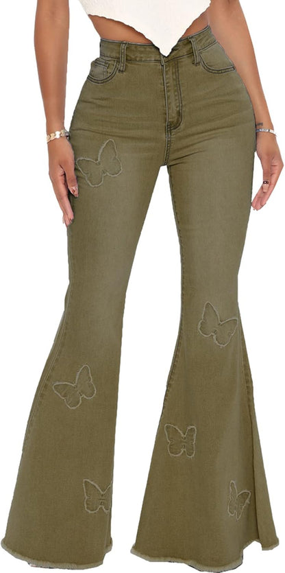 Women's Bell Bottom Jeans Classic Destoryed Ripped Flare Jeans Elastic Waist Raw Hem Denim Pants