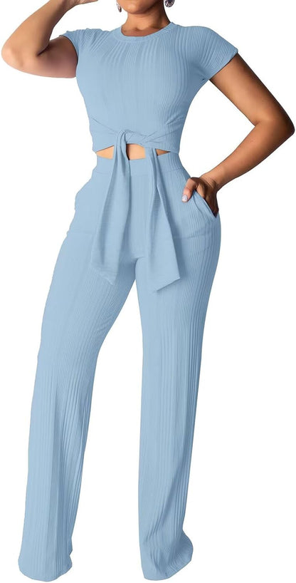 EDITCOZY Women 2 Piece Outfits Sexy Tie Front Crop Top Wide Leg Pants Sets Casual Summer Ribbed Two Piece Set