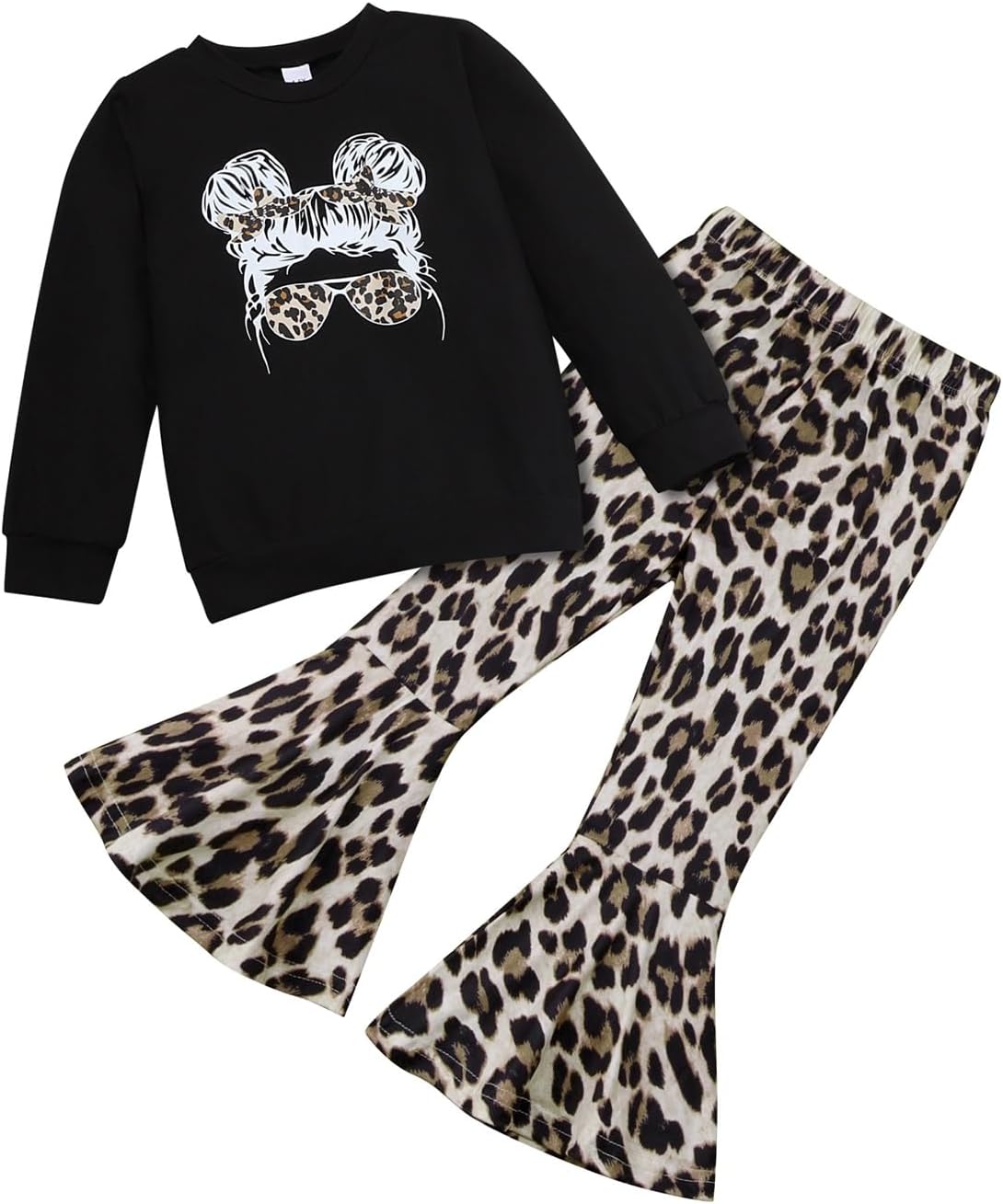 Toddler Girl Clothes Long Sleeve Cartoon & Letter Graphic Top + Fruit Stationery Print Flared Leg Pants