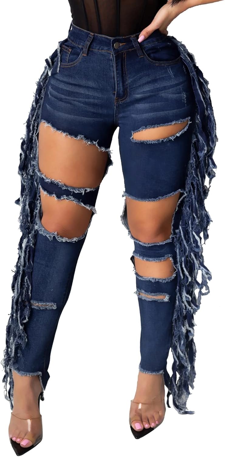 Women's Skinny Ripped Jeans Stretch Destroyed Mid High Waist Denim Pants