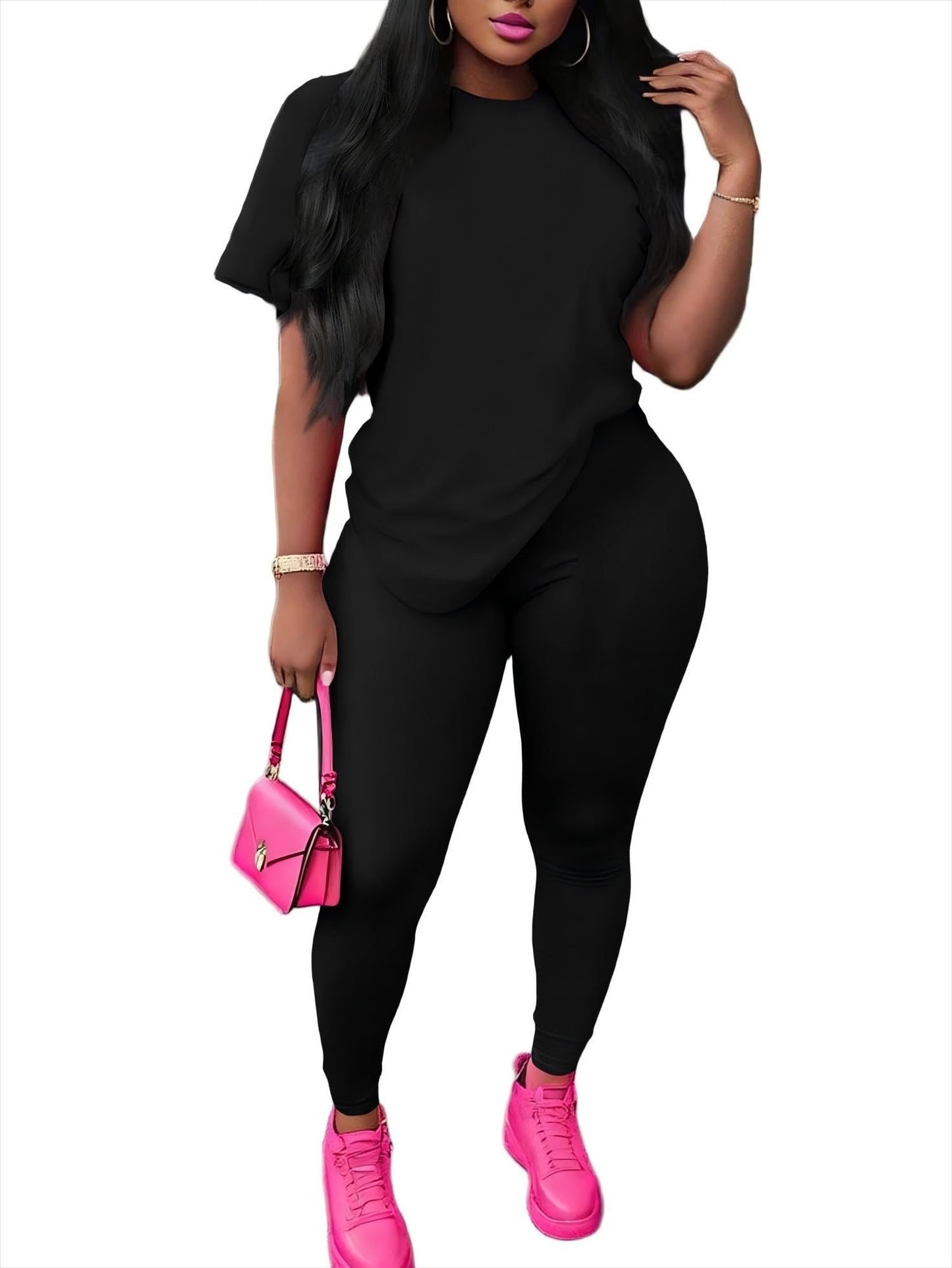 Nimsruc Women 2 Piece Outfits Summer Lounge Set Matching Jogger Sets Short Sleeve Tracksuit Loungewear Sweatsuits