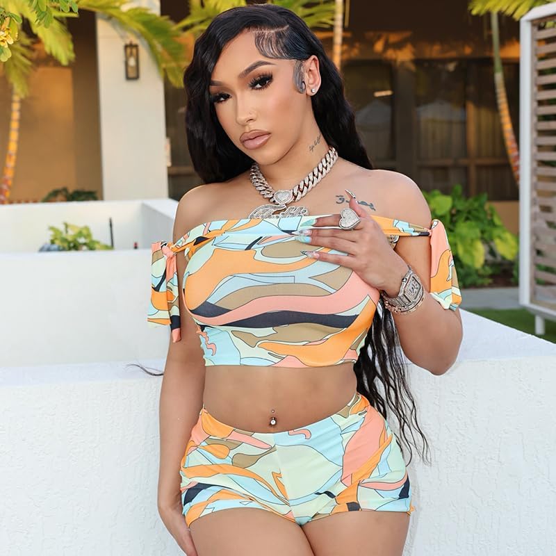 Mandonce Shorts Sets Women 2 Piece Outfits Off The Shoulder Strappy Tie Sleeveless Crop Top and Bodycon Shorts Clubwear Sexy