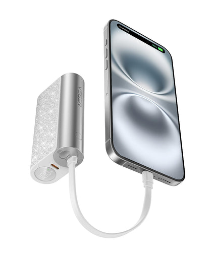VEGER Compact Portable Charger with Built in Cable(Removable), 10000mAh Cute Power Bank 20W Fast Charging, Sparkling Battery Pack Fashion Travel Accessory Compatible with iPhone 15/14, Android-Purple
