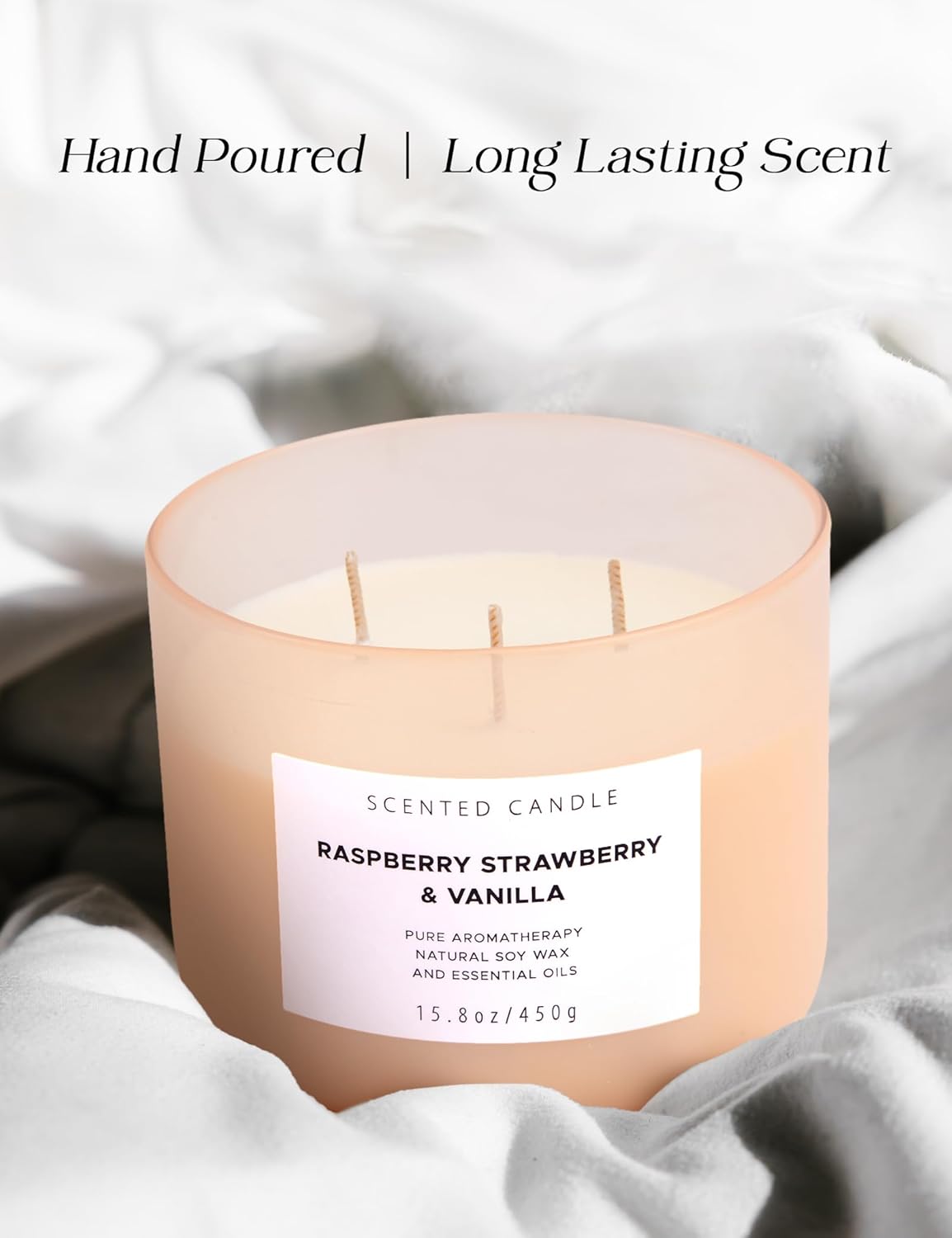 Raspberry Strawberry Vanilla 3 Wick Scented Candle | Large Soy Candles for Home 15.8 oz | Long Lasting Aromatherapy Candle Gift | Refreshing Berry Scented Candles | Relaxing Candle for Women & Men
