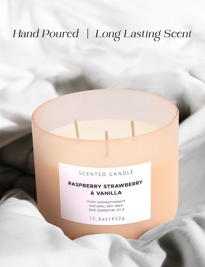 Raspberry Strawberry Vanilla 3 Wick Scented Candle | Large Soy Candles for Home 15.8 oz | Long Lasting Aromatherapy Candle Gift | Refreshing Berry Scented Candles | Relaxing Candle for Women & Men