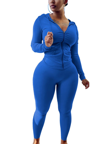 PINSV Women Two Piece Outfits Workout Sets Bodycon Tracksuit Long Sleeve Zip Up Hoodie Jacket Jogger Matching Sweat Pants Set