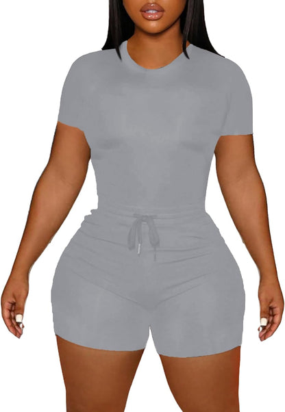 LovelyWholesale Women's Summer 2 Piece Outfits Skinny Shorts Tracksuit Sets