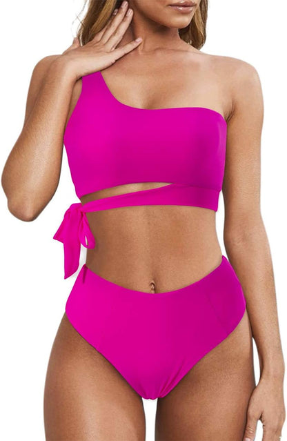 MOOSLOVER Women One Shoulder High Waisted Bikini Tie High Cut Two Piece Swimsuits
