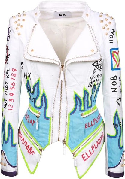 FUYUAN Women's fashion studs perfectly shaped artificial leather jacket graffiti punk motorcycle jacket