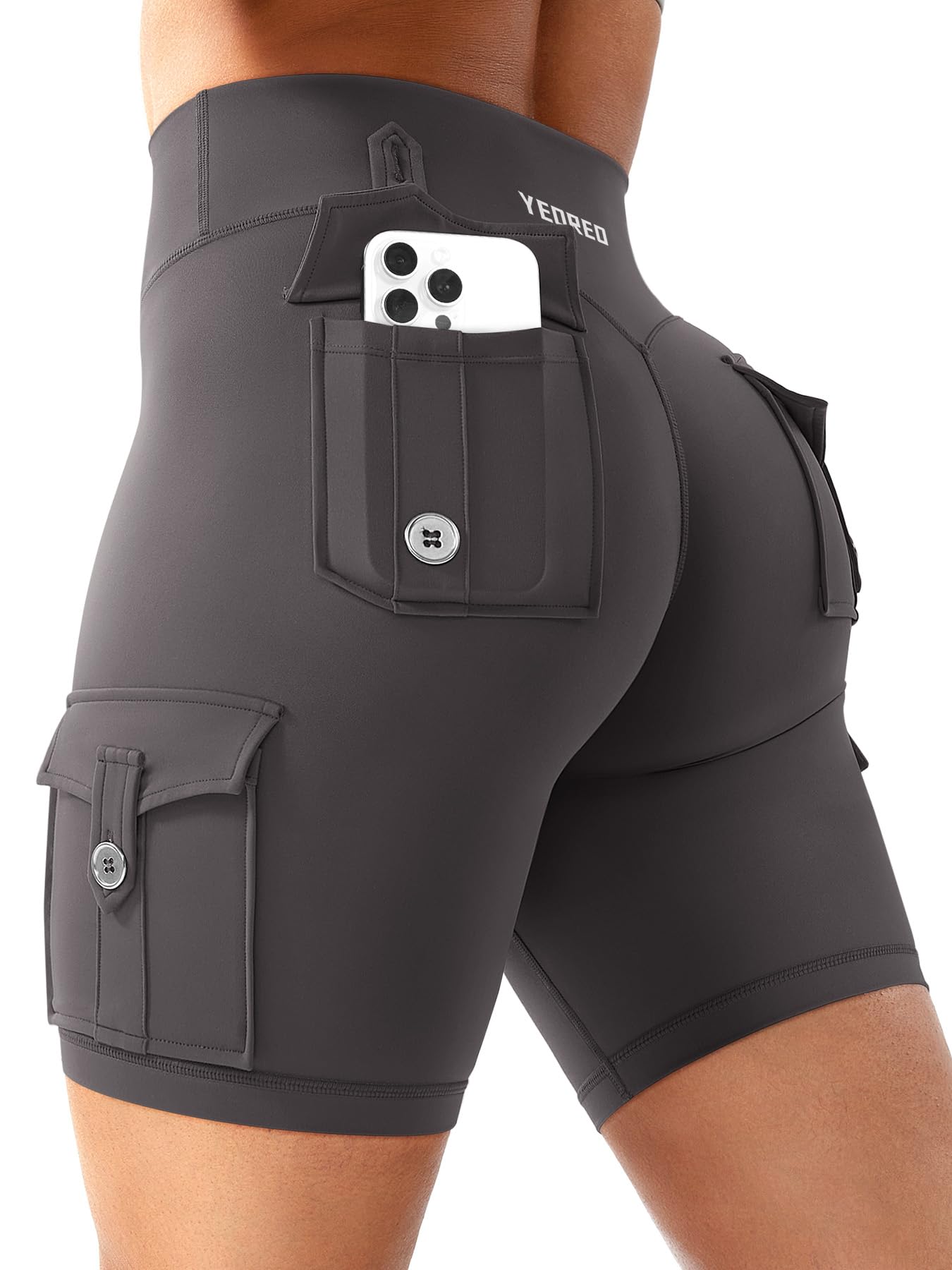 YEOREO CoreFlex Women Workout Biker Shorts with Cargo Pockets Hidden Scrunch High Waisted 8" Inseam Gym Shorts