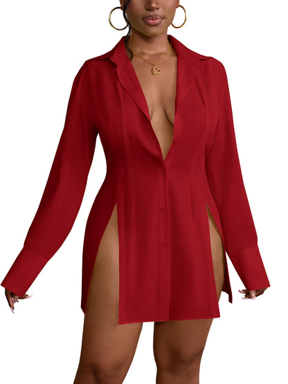 LYANER Women's Button Down Shirt Dress Collar V Neck Long Sleeve Slit Sexy Shirt Dresses