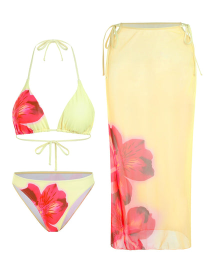 ZAFUL Womens 3pcs Swimsuit Floral Halter Triangle Bikini Top Tie Side Bottom with Long Sheer Cover Up Skirt