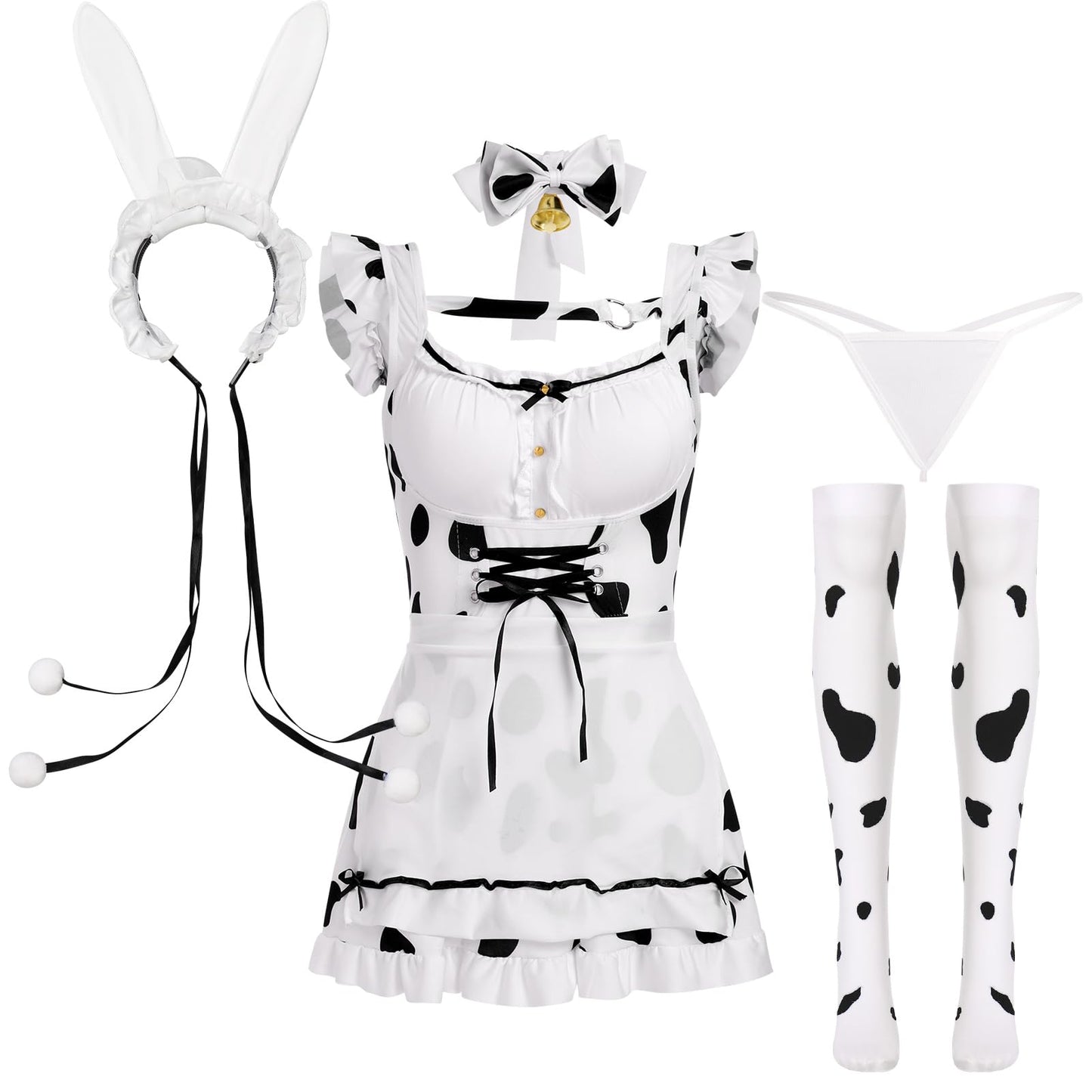ABAFIP Women's Cute Cosplay Outfits Kawaii Anime Role Play Cow Kitten Ear Headband Stockings Ruffle Mini Dress set