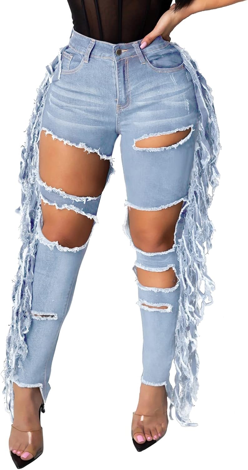 Women's Skinny Ripped Jeans Stretch Destroyed Mid High Waist Denim Pants