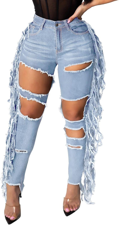 Women's Skinny Ripped Jeans Stretch Destroyed Mid High Waist Denim Pants