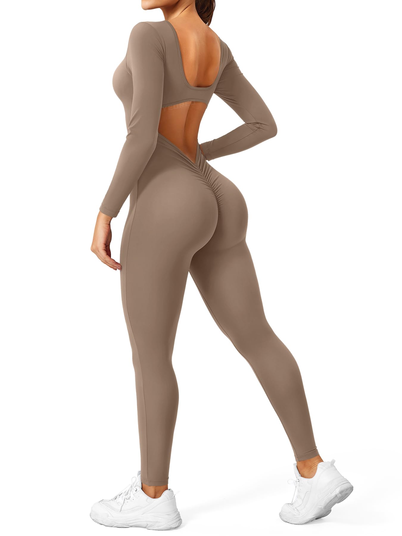 YEOREO Long Sleeve Jumpsuits for Women V Back Bodysuit Workout Full Length Bodycon Scrunch Leggings One Piece Romper