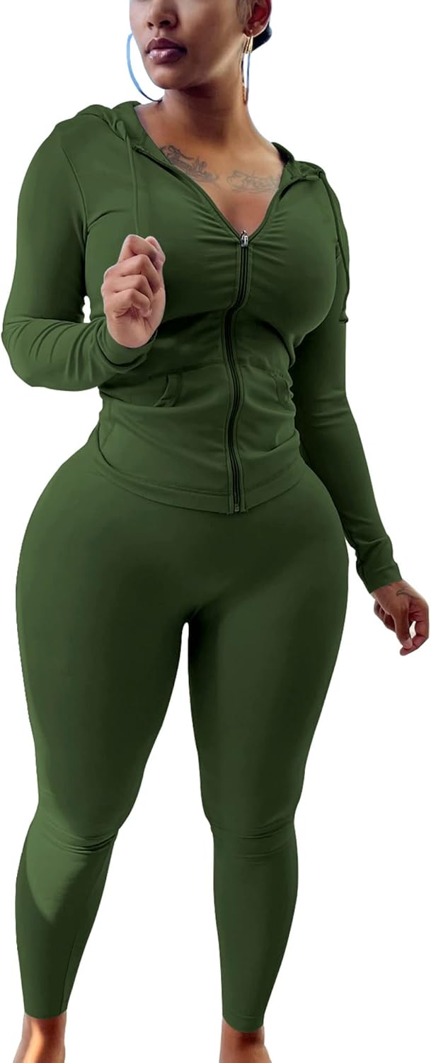 PINSV Women Two Piece Outfits Workout Sets Bodycon Tracksuit Long Sleeve Zip Up Hoodie Jacket Jogger Matching Sweat Pants Set