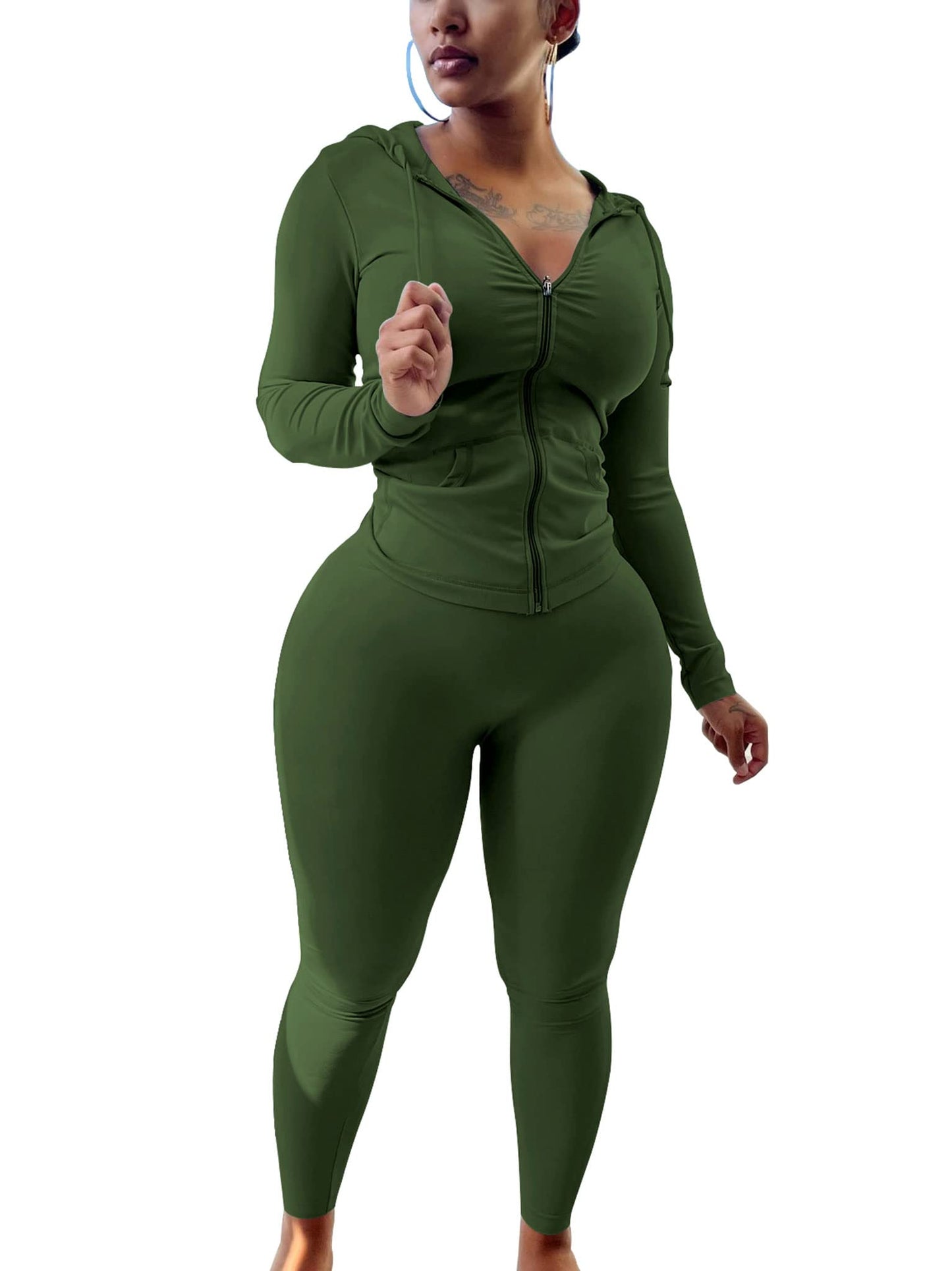 PINSV Women Two Piece Outfits Workout Sets Bodycon Tracksuit Long Sleeve Zip Up Hoodie Jacket Jogger Matching Sweat Pants Set