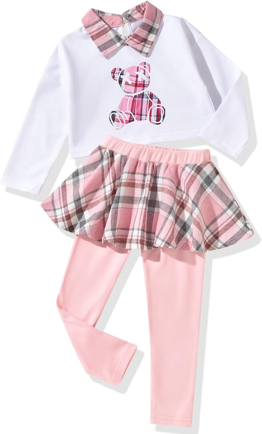 HINTINA Toddler Little Girl Letter Print Sweatshirt Top Plaid Skirt Pants Fall Winter Outfits