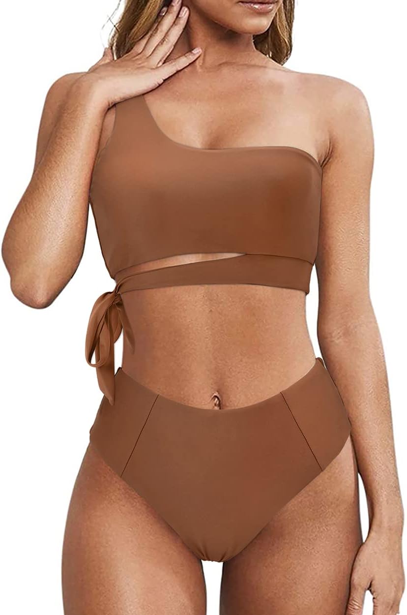 MOOSLOVER Women One Shoulder High Waisted Bikini Tie High Cut Two Piece Swimsuits