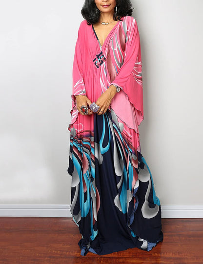 Bsubseach Women Ethnic Print Kaftan Beach Dress Plus Size Swimsuit Cover Up