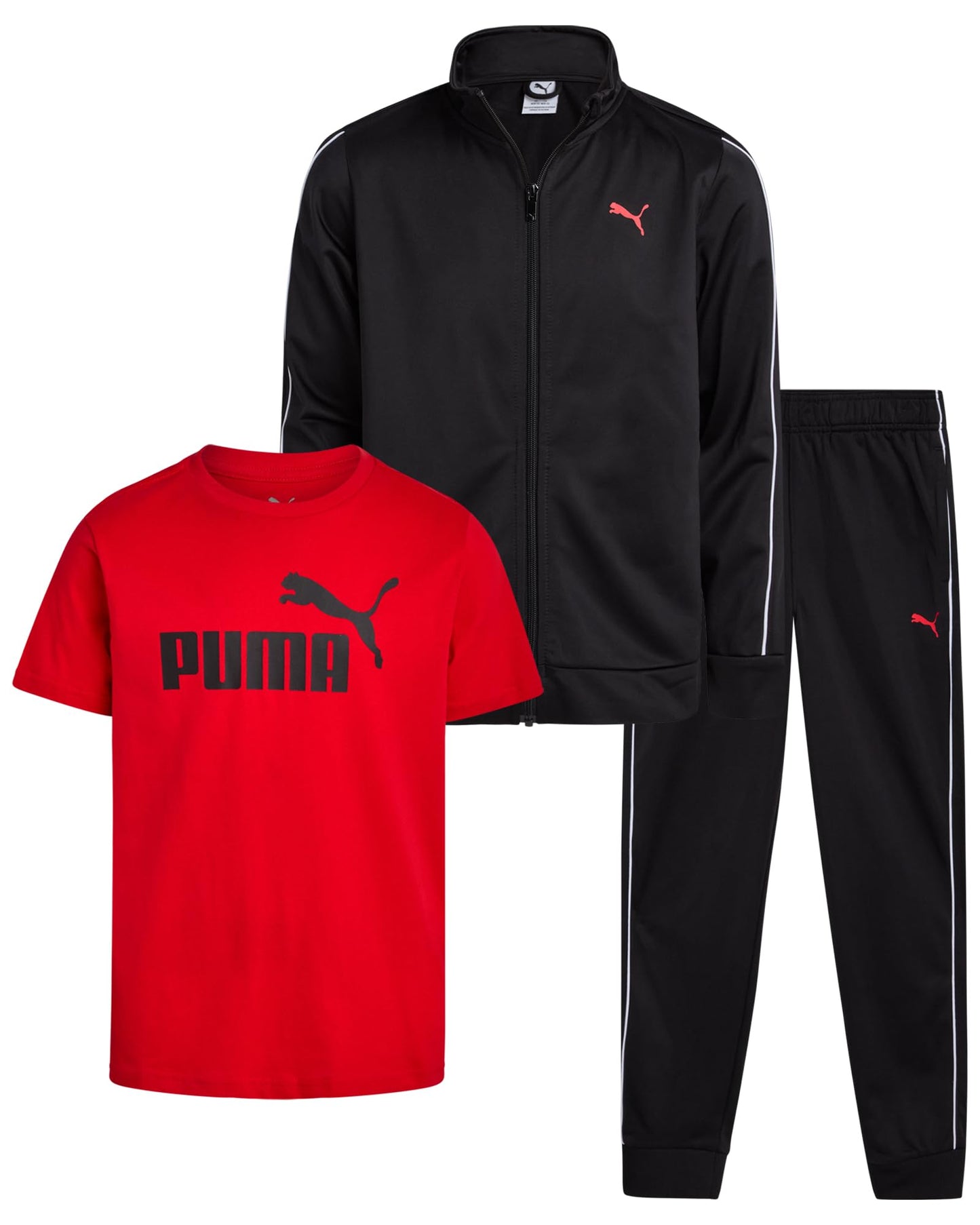 PUMA Boys Pants Set - 3 Piece Athletic T-Shirt, Zip Up Jacket, Jogger Pants - Boys Activewear Tricot Jogset (8-16)