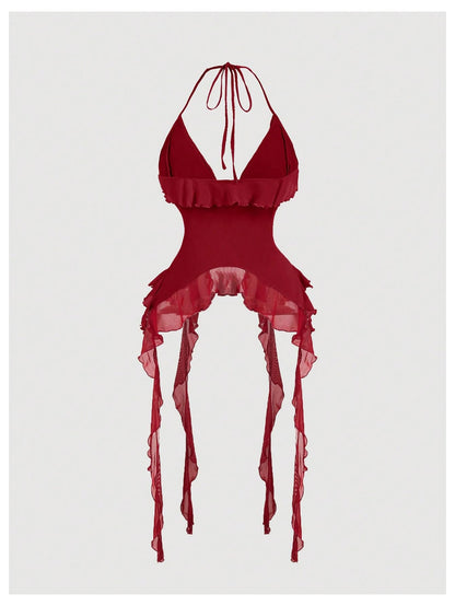 WDIRARA Women's 3D Flower Tie Front Ruffle Trim Halter Top Tie Backless Camisole