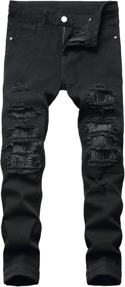 Baylvn Men's Designer Straight Slim Fit Patchwork Jeans Comfort Skinny Biker Denim Pants