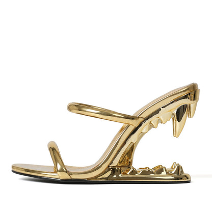 Goiphrri Wedge Sandals for Women Strappy Heels Round Open Toe Heels Metallic Shark Tiger Teeth heeled Sandals Flip Flops Thong Womens Mules Slip on Party Dress Wedding Ceremony