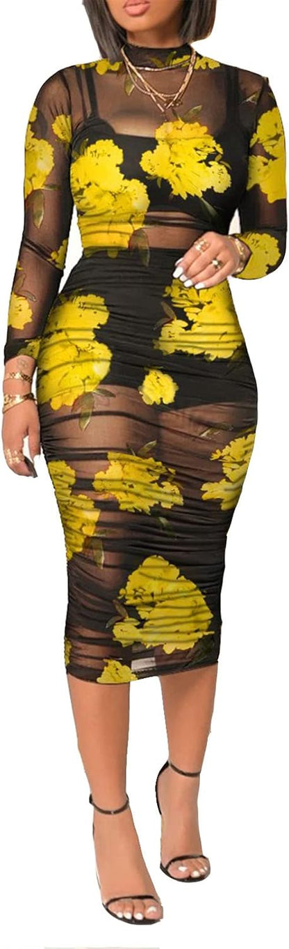 Women Sexy See Through Mesh Long Sleeve Ruched Midi Dresses Crop Top Bodycon Skirt 3 Piece Outfits Set Clubwear