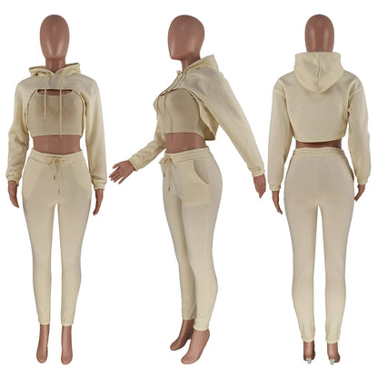 Adogirl Women 3 Piece Outfits Tracksuits Set Sexy Long Sleeve Pullover Hoodie Tank Crop Tops Jogger Sweatpants Sweatsuits