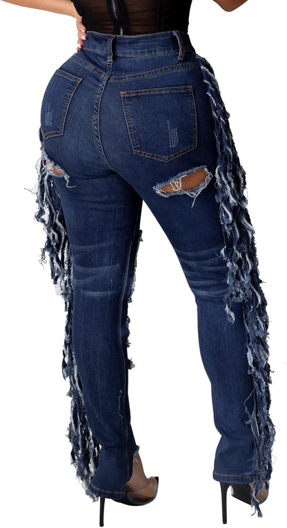 Women's Skinny Ripped Jeans Stretch Destroyed Mid High Waist Denim Pants