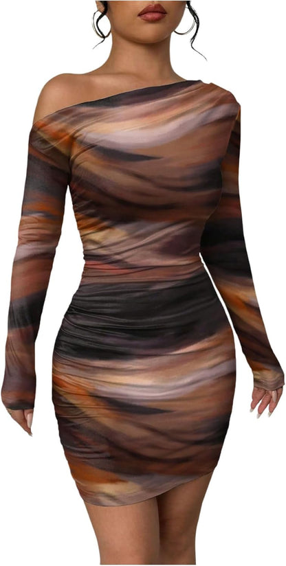 Women's Off Shoulder Ombre Tie Dye Bodycon Dress Long Sleeve Slim Fit Pencil Mini Dresses