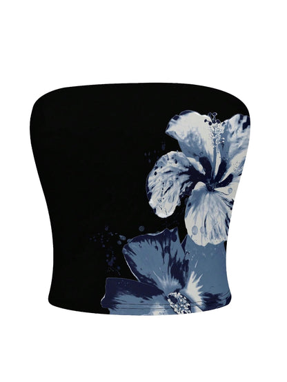 WDIRARA Women's Floral Print Strapless Crop Tube Tops Slim Fit Summer Causal Bandeau Top