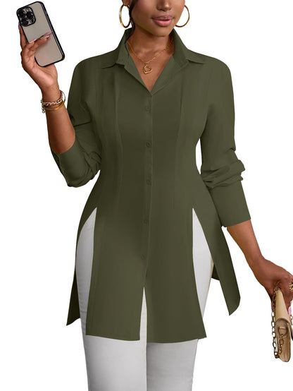 LYANER Women's Button Down Shirt Dress Collar V Neck Long Sleeve Slit Sexy Shirt Dresses