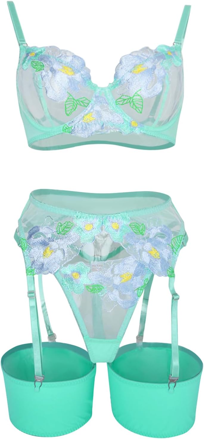 Lilosy Sexy Leaf Floral Embroidered Mesh Sheer Women Underwire Push Up Lingerie Set