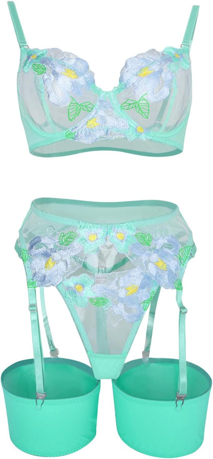 Lilosy Sexy Leaf Floral Embroidered Mesh Sheer Women Underwire Push Up Lingerie Set