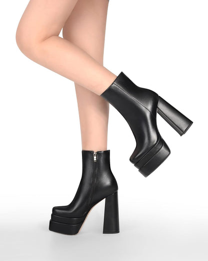 ANN CREEK Women's Double Platform Ankle Boots Chunky Heel Booties Side Zipper Square Toe High Heel Casual Boots