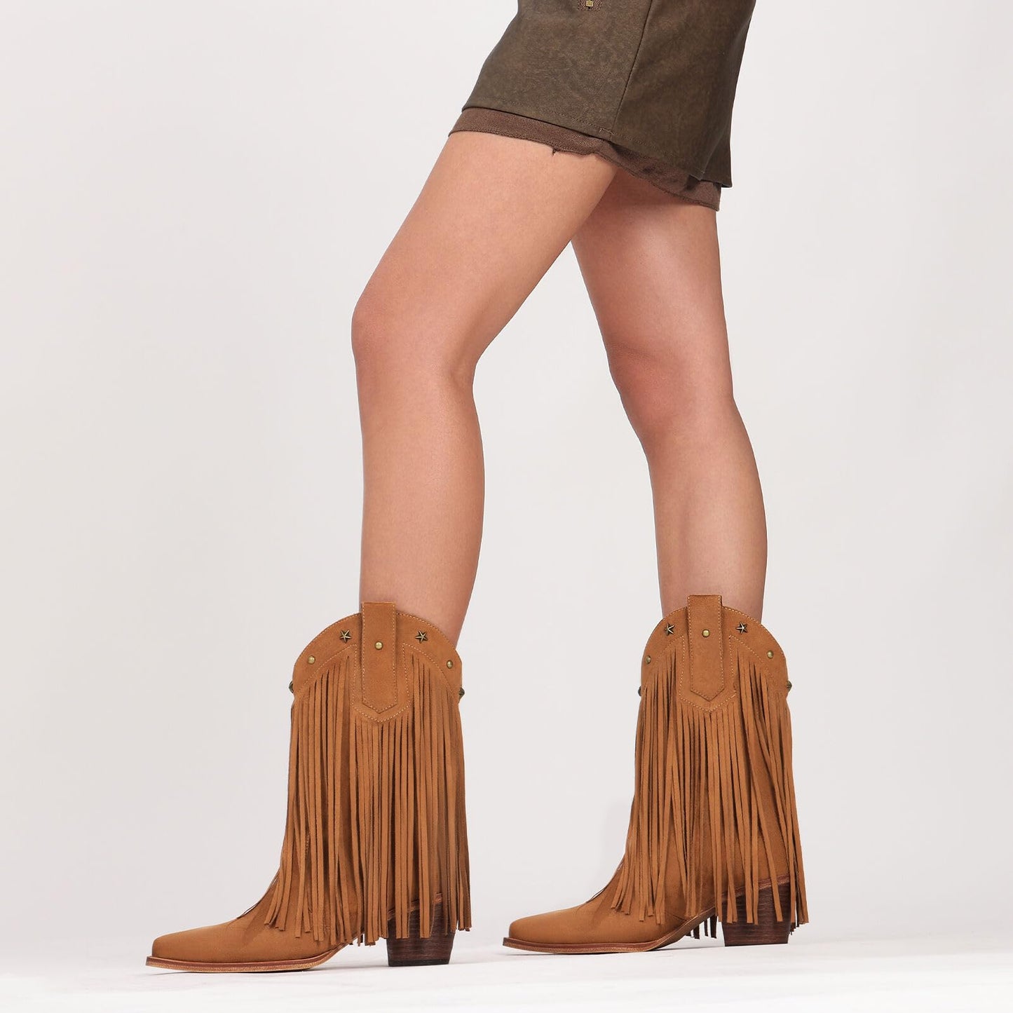 Fringe Cowboy Boots for Women – Mid Calf Cowgirl Boots with Star Studded, Pointed Toe and Chunky Heel, Perfect for Country Music Festivals